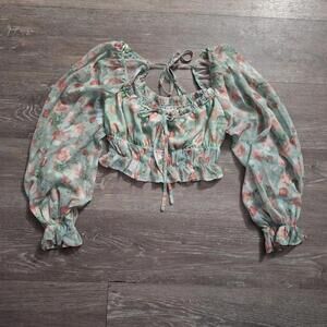 HYFVE Women's Green Floral cropped boho blouse